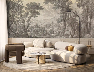Classical pastoral landscape wall mural with ancient trees and distant architecture in beige tones, modern living room