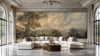 Classical pastoral wall mural in warm earth tones, featured in grand living room with marble floors