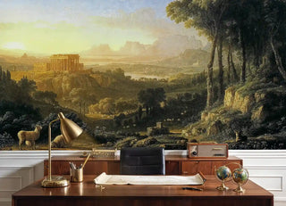 Classical pastoral wall mural with ancient temple and countryside, shown in home office with brass desk lamp and vintage radio