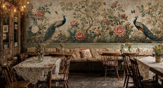 Classical peacock botanical wall mural with detailed florals, shown in charming cafe with wooden tables and chairs
