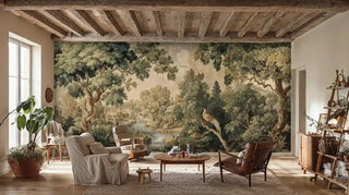 Classical scenic wall mural depicting nature and architecture, displayed in rustic living room with exposed beams