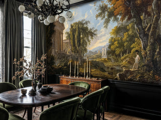 Classical temple landscape Wall Mural with ancient columns and autumn trees in elegant dining room with chandelier