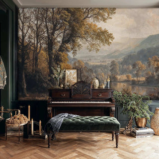 Classical valley landscape wall mural with golden autumn colors, shown in sophisticated study with vintage piano
