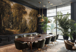 Classical woodland wall mural with towering trees, displayed in modern dining room with brass pendant lights