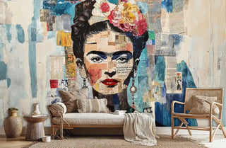 Collage portrait wall mural, teal and beige with floral headpiece, boho room, rattan daybed