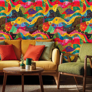 colorful abstract flowing wallpaper featuring dynamic patterns in mid-century modern living room with mustard sofa