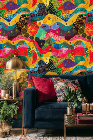 colorful abstract flowing wallpaper featuring undulating patterns in modern living room with navy sofa
