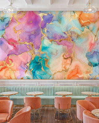 colorful abstract wallpaper featuring flowing patterns in modern cafe with mint banquette seating