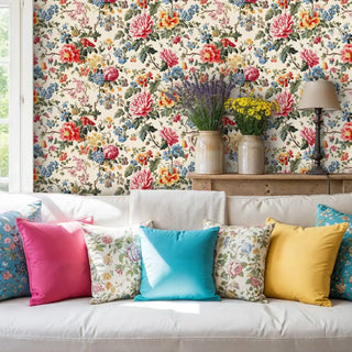 Colorful botanical wallpaper featuring blooming flowers in a cozy living space with bright throw pillows