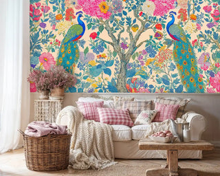 Colorful peacock and floral wall mural with cream background, shown in cozy cottage living room with wicker basket
