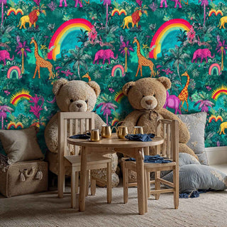 Colorful safari wallpaper with exotic animals and rainbows, featured in playful kids room with teddy bears