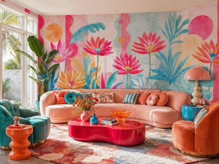 Colorful tropical floral wall mural with lush botanicals in a maximalist living room with hot pink coffee table