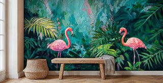 Contemporary flamingo wall mural featuring jungle paradise scene, shown in minimalist entryway with wooden bench