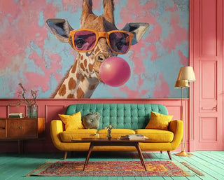 Contemporary giraffe wallpaper with bubble gum in vibrant living room with tufted emerald sofa