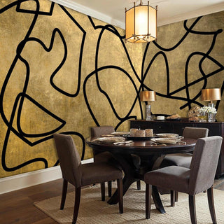 Contemporary line art wallpaper with flowing curves, displayed in elegant dining room with round table
