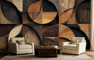 Contemporary wood pattern wallpaper with geometric shapes, displayed in stylish seating area with neutral chairs