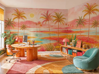 Coral and teal tropical wall mural with palm trees in a vibrant home office with retro desk and teal armchair
