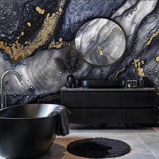 Cosmic fluid wallpaper with starry details in contemporary bathroom with black vessel sink