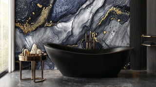 Cosmic marble wall mural with gold accents in luxury bathroom with black freestanding tub