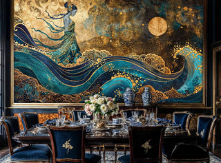 Cosmic ocean goddess wall mural in gold and teal tones, showcased in elegant formal dining room with crystal table setting