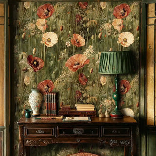Cottage-style poppy wallpaper with botanical details, shown in traditional study with antique desk and green lamp