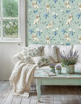 Cottage-style spaniel wallpaper with ribbon details, shown in farmhouse living room with lavender plants