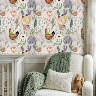 Country chicken wallpaper with watercolor blooms and farm birds, displayed in nursery with wicker rocking chair