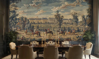 Countryside tapestry mural showing palace gardens in formal dining room with upholstered chairs