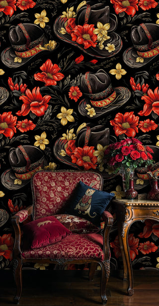 Cowboy hat wallpaper featuring red flowers and decorative bands, shown in vintage study with burgundy brocade armchair