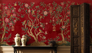 Crimson botanical wall mural with oriental motifs in classic study room with decorative vases and cabinet