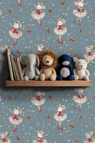 Dancing mice holiday wallpaper with tutu details, shown in nursery with white crib and colorful bedding