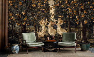 Dancing muses wall mural with golden orchard backdrop shown in mid-century modern living room with sage green leather chairs and blue ceramic vase