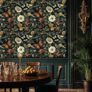 Dark botanical butterfly wallpaper in sophisticated dining room with round table and crystal glasses