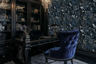 Dark botanical wall mural featuring graceful birds and wildflowers, displayed in an elegant home office with antique desk