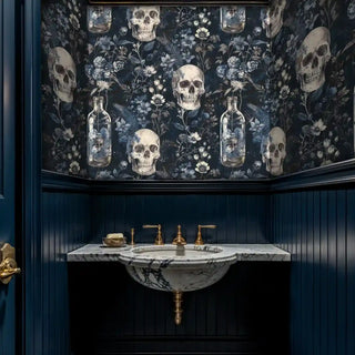 Dark botanical wall mural featuring skulls and bottles, displayed in powder room with marble vessel sink