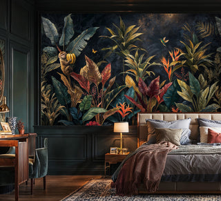Dark botanical wall mural with monkey and tropical blooms in a refined bedroom with wainscoting and leather headboard