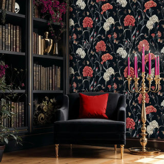 Dark botanical wallpaper featuring carnations and butterflies in traditional library with brass candelabra