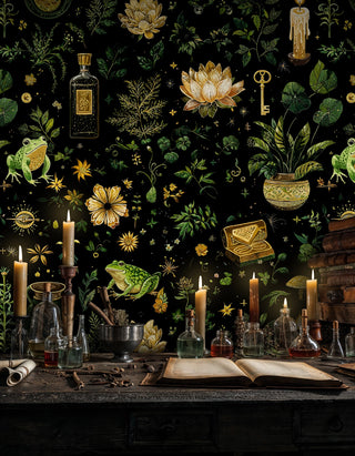 Dark botanical wallpaper featuring potion bottles and candles, displayed behind alchemist workspace with glass bottles