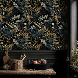 Dark botanical wallpaper in kitchen setting with wooden countertop and decorative fruit bowl
