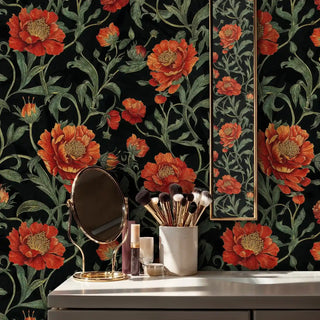 Dark botanical wallpaper with coral blooms, displayed in bathroom with marble vanity and gold mirror