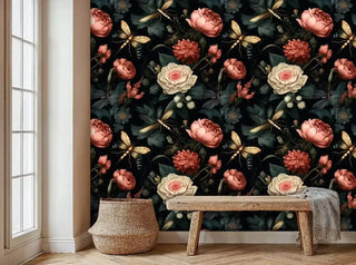 Dark botanical wallpaper with peonies and butterflies displayed in a minimalist room with wooden bench
