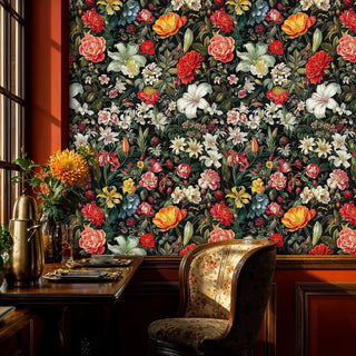 Dark botanical wallpaper with vibrant florals and white lilies shown in elegant office with wooden desk