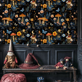 Dark celestial wallpaper featuring mushrooms and butterflies in whimsical room with wizard hat decorations