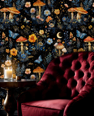 Dark floral mushroom wallpaper with celestial elements in luxurious room with burgundy tufted chair