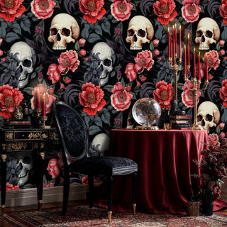Dark floral skull wallpaper featuring detailed bones and blooms in elegant dining room with crystal ball