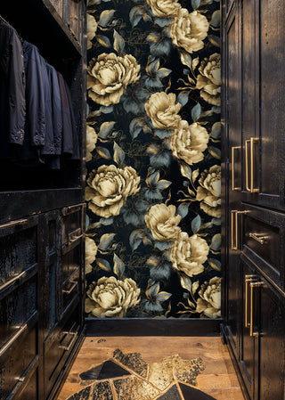 Dark floral wall mural with oversized blooms displayed in stylish walk-in closet