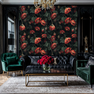 Dark floral wallpaper featuring coral hellebore blooms and green foliage, shown in elegant living room with crystal chandelier