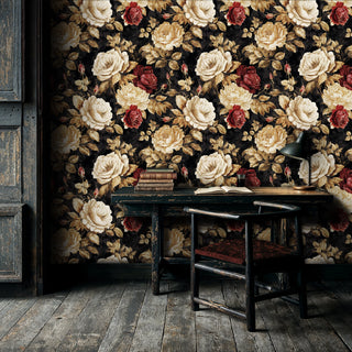 Dark floral wallpaper featuring detailed cream and red roses, shown in vintage study with antique wooden desk and books