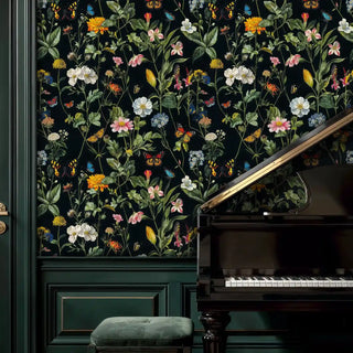 Dark floral wallpaper with butterflies and white cosmos flowers, displayed in sophisticated music room with grand piano