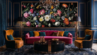 Dark floral wallpaper with colorful blooms on black background in luxurious living room with crystal chandelier